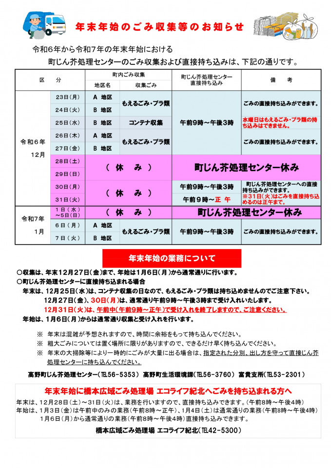 年末年始のごみ収集、持ち込みのお知らせ